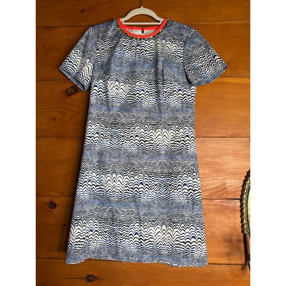 Trina Turk Blue and Coral Jewel Neck Sheath Dress Short Sleeve Career Size 8
